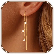 Dangle Earrings for Women 14K Gold Plated Threader Earring Trendy Hypoallergenic
