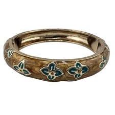 Butterscotch Shimmer Enamel Teal Flowers Gold Tone Clamper Bangle 7” Bracelet