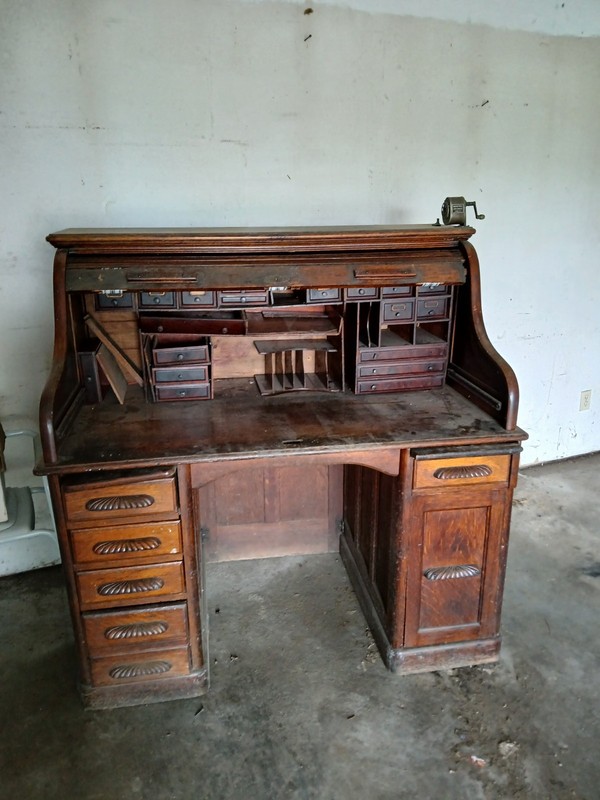 Antique Oak Raised Panel S-Roll Top Desk with Carved Pulls 