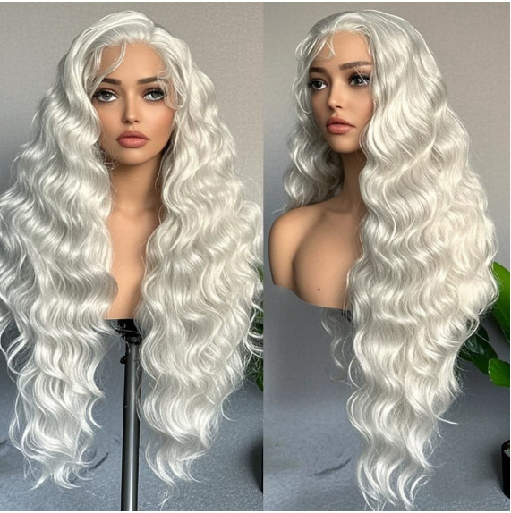 Pelucas de cabello sintéticas largas onduladas plateadas blancas de encaje delanteras para mujeres suaves diarias