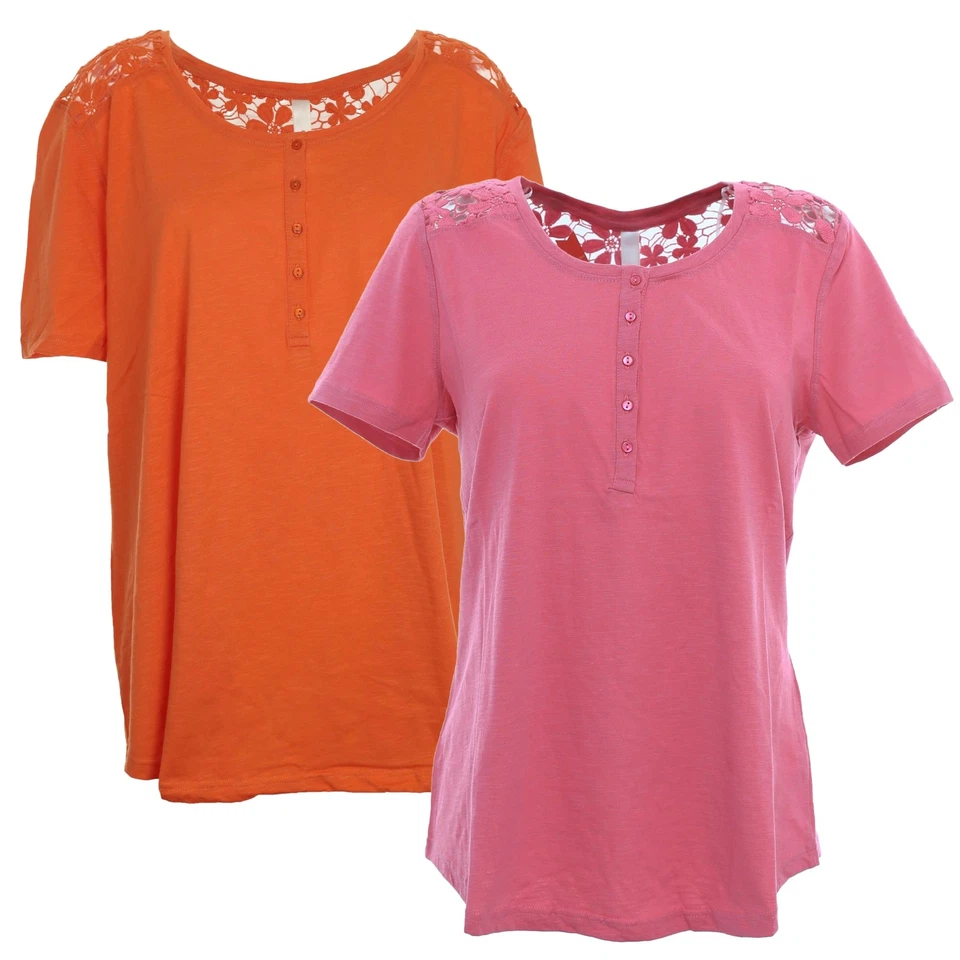 Sheego T Shirt Damen Kurzarm Häkelshirt Rosa Orange Rundhals Plusgröße Übergröße - Bild 1 von 1