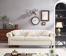 85.8" Tufted Leather Chesterfield Sofa 3 Seater Sofa with Storage Ivory