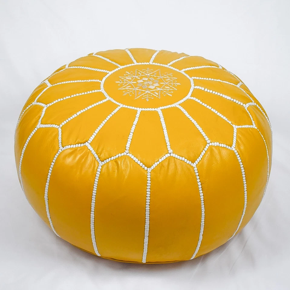 Yellow Moroccan Leather Pouf – Handmade Ottoman – Premium Genuine Leather - Image 2 of 4