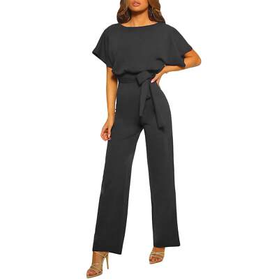 Jumpsuit, eleganter Kurzarm hohler Bund zum Binden einfarbig Sommer weites Bein Hose