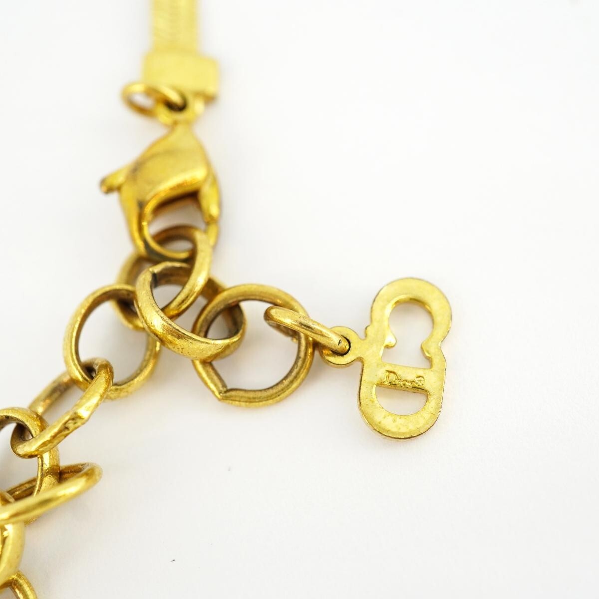 Christian Dior Vintage Ribbon CD Charm Choker Necklace Gold Plated 