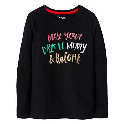 Cat Jack Girls May Your Days Merry Bright Black Long Sleeve T-Shirt Tee Shirt