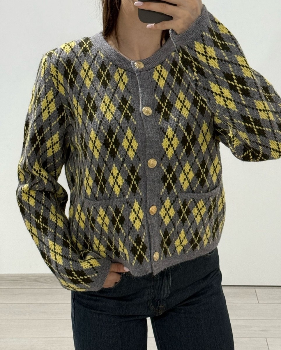 Zara Argyle Heavy Knit Cardigan Jumper Grey Green Yellow S L