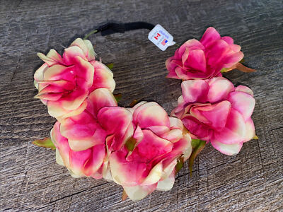 Claire s Bright Pink Rose Green Floral Headband Halo Headwrap Crown Wedding Nwt