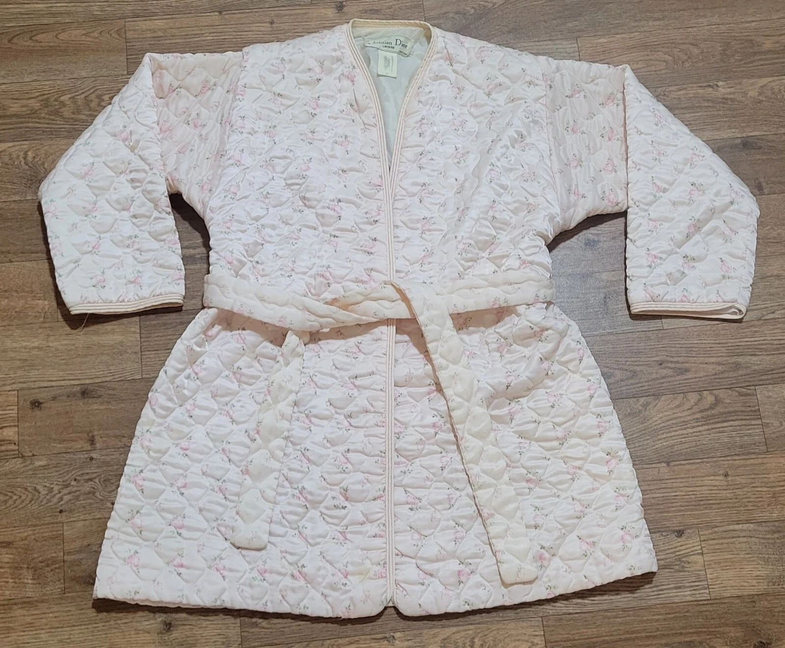 Veste de lit matelassée vintage lingerie rose florale rose avec ceinture taille P 