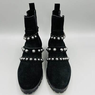 Karl Lagerfeld 7.5 Black Chelsea Pia Silver Studs Suede Leather Log Sole Boots
