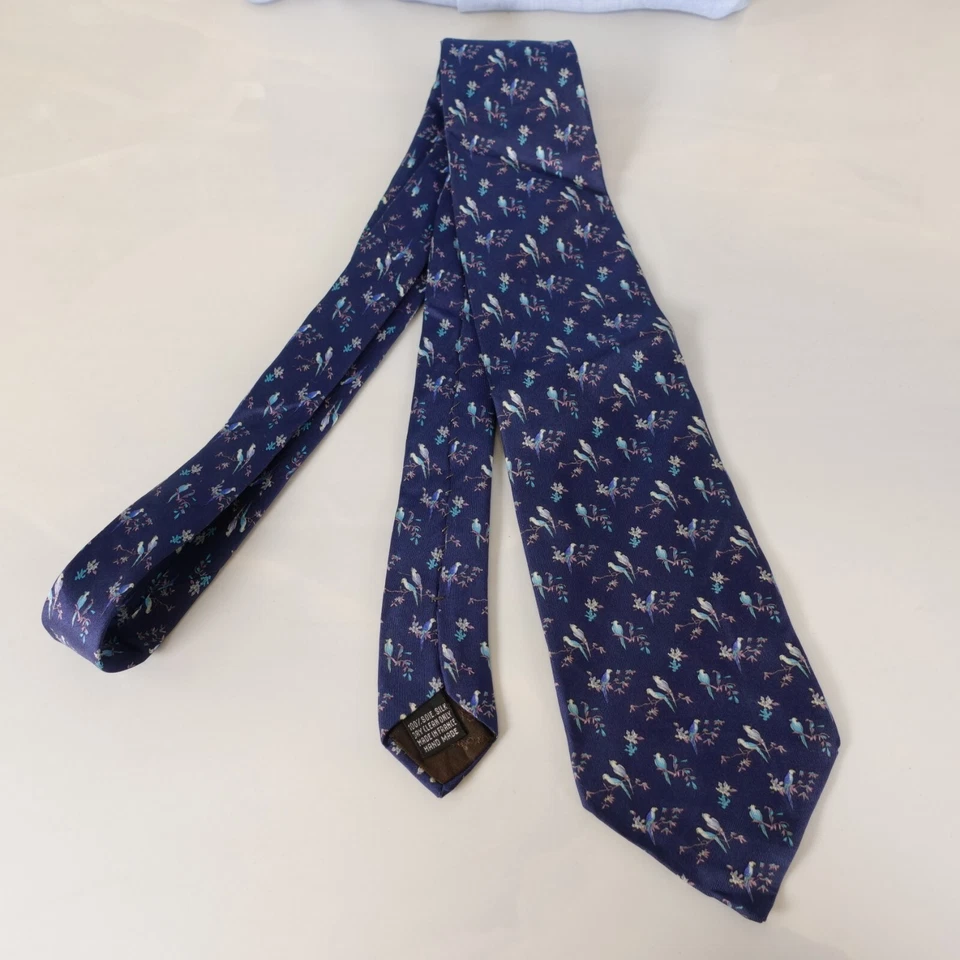Corbata de cuello Charles Jourdan para hombre azul marino animal pájaro loro seda lujo Francia Foto 3 de 4