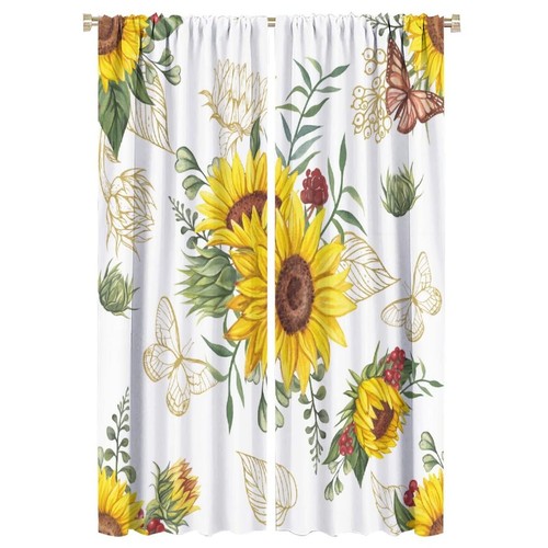 Sunflower Curtains Butterfly Natural Farmhouse Floral Blackout Print Rod Pock...