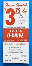 Vintage 1960s Tex's U Drive Car Rental Ad Placard Hawaii