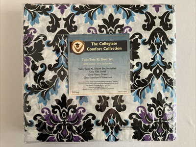 Collegiate Comfort Twin Sheet Set Black White Purple Blue Boho Scroll Print NEW