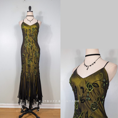 Vintage Scala Silk Prom Dress Maxi Gown 8 Green Black Y2K Fairy Goth Floral Glam