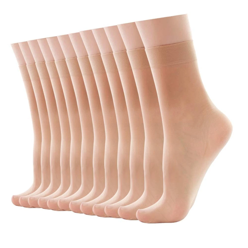 HA WA 12 Pairs Women's Ankle High Sheer Pop Nylon Socks, 20D One Size, Nudu