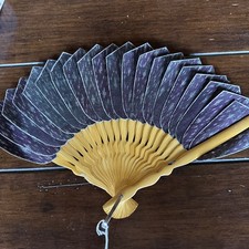 Vintage Bamboo  Cloth Hand Fan NWT 14  Silver Tone Trim