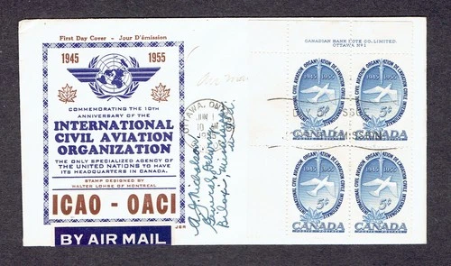 Canada FDC - 1955 - International Civil Aviation Org, Scott# 354, JCR Pl Block