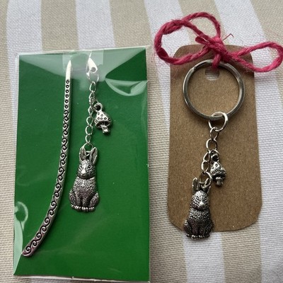 Rabbit Hare Bookmark metal silver plated and keyring gift set Easter bunny gift