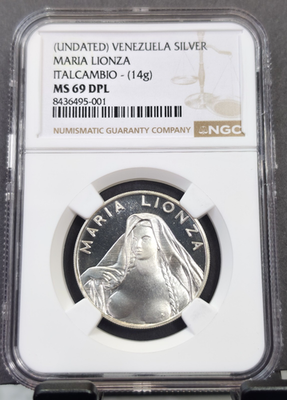 UNDATED VENEZUELA SILVER MEDAL GODDESS MARIA LIONZA NGC MS 69 DPL