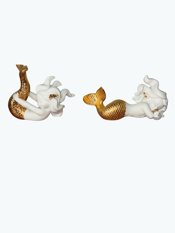 Elegant Ceramic Mermaid Figurines With Gold Accents - Set Of 2 - Nautical Home D