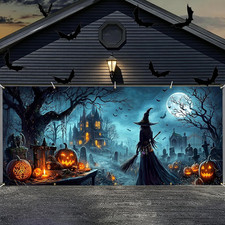 Halloween Garage Door Banner 6X13Ft, Witch with Broomstick  Haunted House with