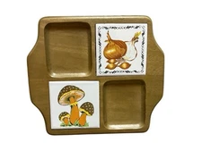 Vintage Wooden Cheese or Appetizer Board Mushroom Onion Tile Design