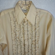 Vintage 70s Delton Ruffle Tuxedo Shirt French Cuff Size 14.5 35 Tan Disco Dacron