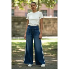 NWOT Halara Womens Flex High Waisted Wide Leg Stripe Denim Jeans XL Blue Pul On