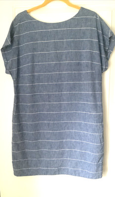 Toast Blue White Striped Dress Linen Cotton Blend Button on Back  12 Minimalist