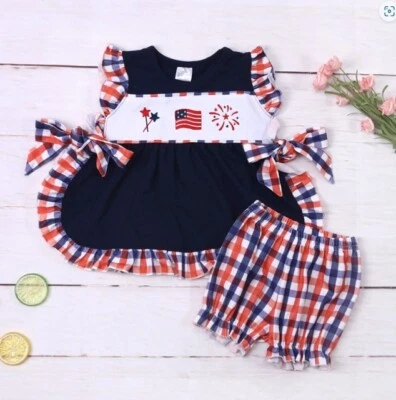 NEW Boutique 4th of July Apron Tunic & Plaid Shorts Girls Outfit Set - Image 1 of 4