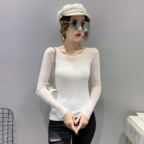 Mujeres Camisa de Empalme de Malla Transparente Manga Larga Base Ajustada Camiseta Prendas para el torso Blusa Inferior - Imagen 12 de 28