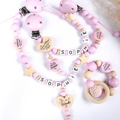 NELINO SCHNULLERKETTE MIT NAMEN SET Schnullerkette mit Namen für Mädchen rosa 3 tlg. SET Baby♥Geburt♥Geschenk