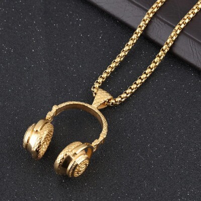 Gold Mens Headphone Necklace - Music Hip Hop DJ Rapper Pendant Jewelry Chain