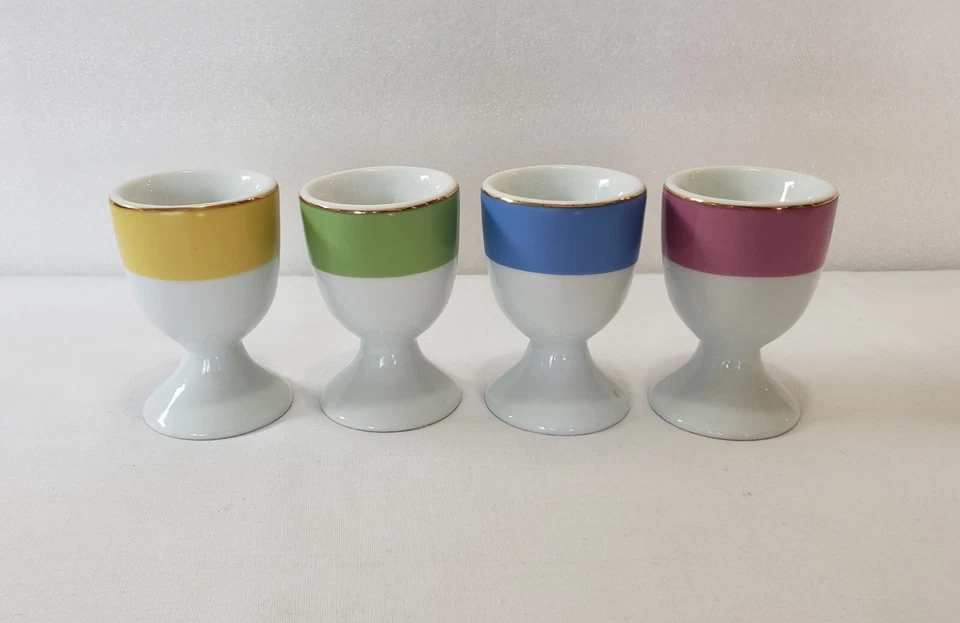 Pottery Barn Egg Cups 3 3/8" Yellow Green Pink Blue Band Coquetiers Original Box - Image 2 of 4