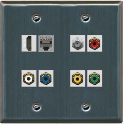 RiteAV 5 x RCA Wall Plate W/HD Cat5e Coax F Type Flat 2 Gang Stainless Steel