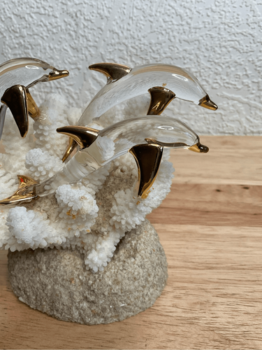 Melanie Cech Clear Glass 3 Dolphins On White Coral Sculpture, Beach House Decor - Picture 3 of 14
