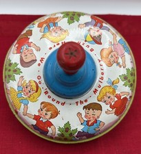 Vintage 1950s Ohio Arts Metal Spinning Top Here We Go Around The Mulberry Bush