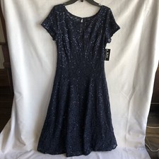 NWT SLNY Semi-Formal Navy Fluted Skirt, Short Sleeve, Midi Sequins Gown Size 6