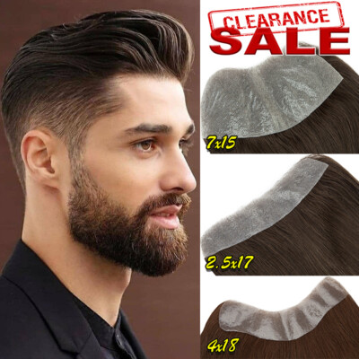 Herren PU Toupet 100% Echthaar Toupee Für Männer Forehead Stirn Perücke Haarteil