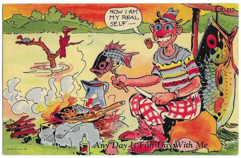 2 Vintage Postcards: Any Day Is Fish Day and They Don't Go For My Line