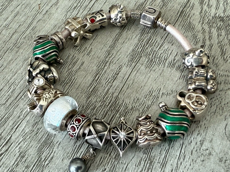 Pulsera CHAMILIA Cargada Plata Esterlina Árbol de Navidad Cuentas de Murano Dije 57g Foto 3 de 4