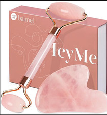 BAIMEI Rose Quartz Jade Roller  Gua Sha Set  Face Roller Skin Care Tool for Face