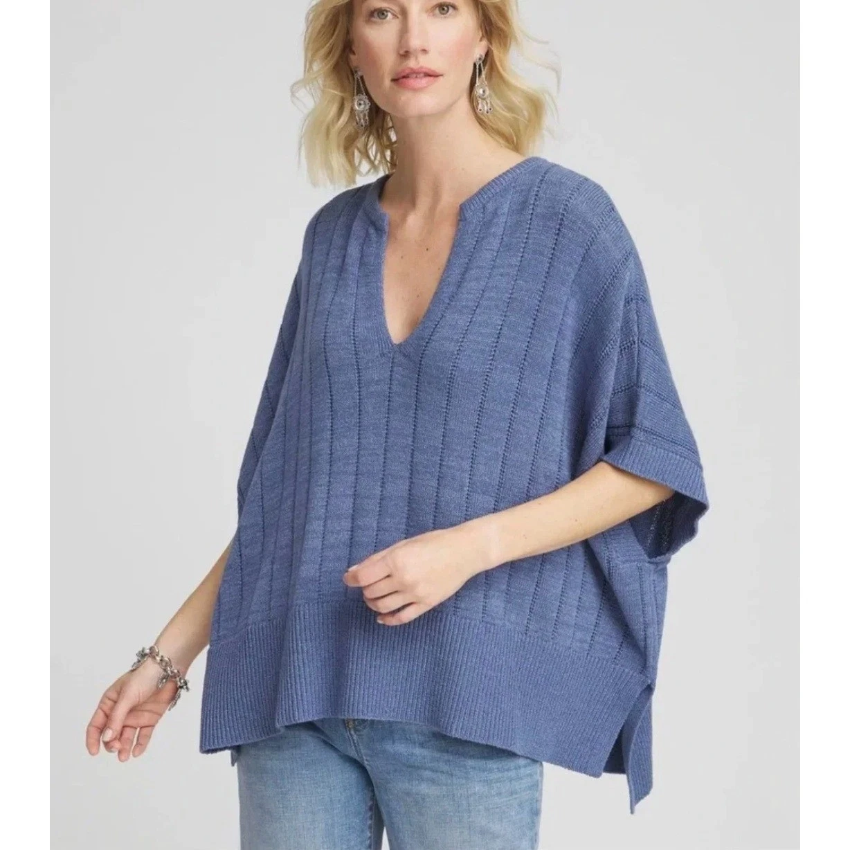 Chico's Notch Neck Poncho One Size Blue Lotus Ribbed Knit Coastal Grandma NWT