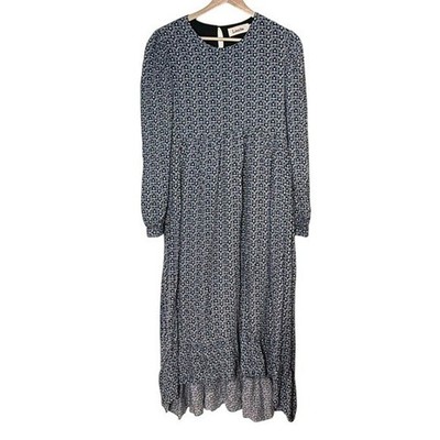 Louche Kenny Geometric Star Puff Sleeve Midi Dress Size 6 Blue Black Ruffle Boho