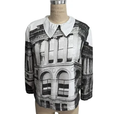 Carven Architectural Print Long Sleeve Sweatshirt Top with White Collar Womens M