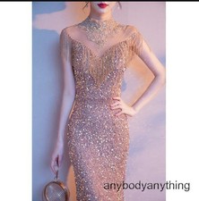 Women's Gorgeous Sequin Beaded Tassel Fishtail Evening Dress Cocktail Prom 036