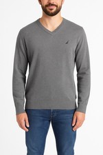 Nautica Men  s V-Neck Sweater Gray Size L Luxury Performance Cotton Blend Pullove