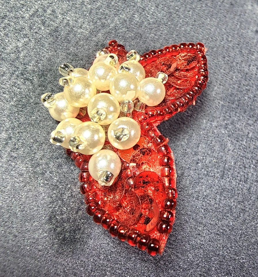 Винтажные серьги 80-х пуансеттия жемчуг кластер красный блестки Рождественский пирсинг  - Изображение 3 из 4