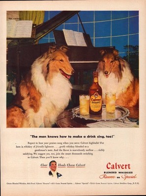 Tom Lovell Calvert Whiskey Life Magazine Ad Print Collie Dogs Piano 1940s